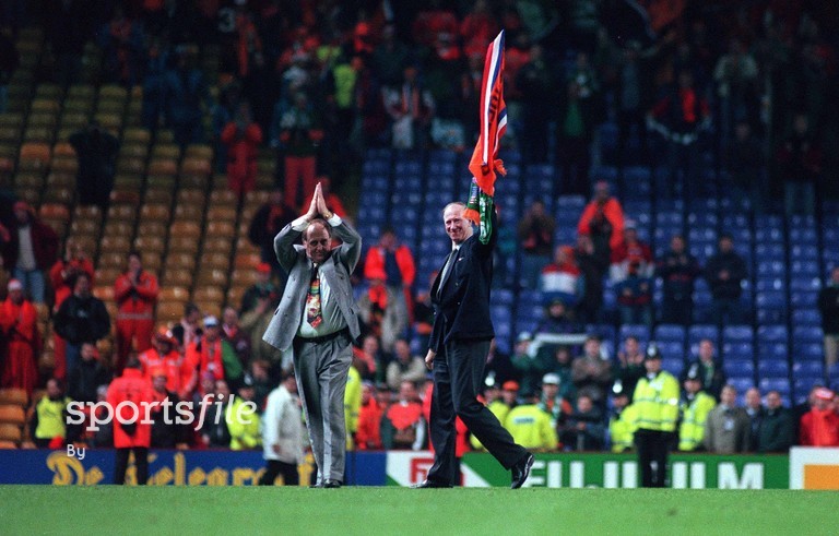 13 December 1996. Republic of Ireland manager Jack Charlton, right, and assistant Maurice Setters applaud the crowd after their side were defeated by Holland. European Soccer Championship Qualifying Play-off, Anfield, Liverpool, England. Picture credit; David Maher / SPORTSFILE