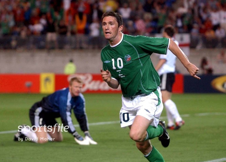 5 June 2002; Robbie Keane, Republic of Ireland, celebrates his goal as Germany goalkeeper Oliver Kahn looks on. FIFA World Cup Finals, Group E, Republic of Ireland v Germany, Ibaraki Stadium, Ibaraki, Japan. Picture credit: David Maher / SPORTSFILE