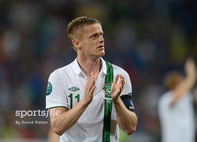 18 June 2012; A dejected Republic of Ireland captain Damien Duff applauds the crowd after the game. EURO2012, Group C, Republic of Ireland v Italy, Municipal Stadium Poznan, Poznan, Poland. Picture credit: David Maher / SPORTSFILE