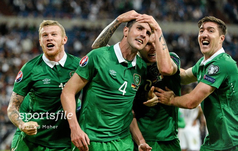14 October 2014; John O'Shea, Republic of Ireland, celebrates after scoring his side's equalizing goal with team-mates, from left, James McClean, Jeff Henderick and Stephen Ward. UEFA EURO 2016 Championship Qualifer, Group D, Germany v Republic of Ireland, Veltins Stadium, Gelsenkirchen, Germany. Picture credit: David Maher / SPORTSFILE