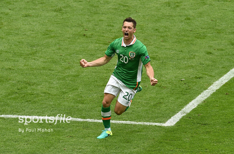 13 June 2016; Wes Hoolahan of Republic of Ireland celebrates after scoring his side's first goal during the UEFA Euro 2016 Group E match between Republic of Ireland and Sweden at Stade de France in Saint Denis, Paris, France. Photo by Paul Mohan/Sportsfile