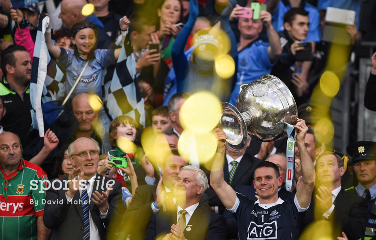 1 October 2016; Dublin captain Stephen Cluxton lifts the Sam Maguire Cup at the end of the  GAA Football All-Ireland Senior Championship Final Replay match between Dublin and Mayo at Croke Park in Dublin. Photo by David Maher/Sportsfile