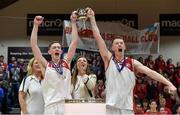25 January 2015; Fr Matthews joint captains Evan Barrett, left, and Jack O'Mahony celebrate with the cup. Basketball Ireland U-18 Men’s National Cup Final, St. Vincent's v Fr Matthews. National Basketball Arena, Tallaght, Dublin. Picture credit: Paul Mohan / SPORTSFILE