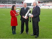 26 January 2015; Pictured in attendance at the Guinness PRO12 Final launch are, from left to right, Belfast Lord Mayor Cllr Nichola Mallon, David Jordan, Tournament Director, PRO12 Rugby, and Shane Logan, CEO of Ulster Rugby. Kingspan Stadium, Ravenhill Park, Belfast, Co. Antrim. Picture credit: John Dickson / SPORTSFILE