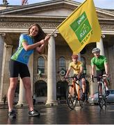 27 January 2015; Model Rozanna Purcell with former Rás winner David McCann, left, and Damien Shaw at the launch of the 2015 An Post Rás which will begin on Sunday May 17th, in Dunboyne, Co. Meath and finish on Sunday May 24th, in Skerries, Co. Dublin. GPO, O'Connell Street, Dublin. Picture credit: Pat Murphy / SPORTSFILE