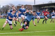 27 January 2015; Gavin Barrett, St Michael's College, goes over for a try. Bank of Ireland Leinster Schools Senior Cup, 1st Round, St Michael's College v St Mary's College, Donnybrook Stadium, Donnybrook, Dublin. Picture credit: Pat Murphy / SPORTSFILE