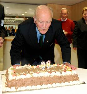 9 August 2009; Former GAA President and Mayo footballer Dr. Mick Loftus blows out the candles in a cake presented to him on the occasion of his 80th birthday. Dr. Mick Loftus Celebrates 80th Birthday, Croke Park, Dublin. Picture credit: Ray McManus / SPORTSFILE - read more
