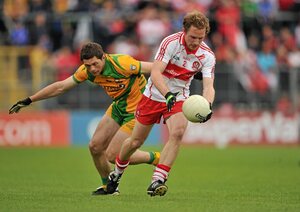 17 July 2011; Sean Leo McGoldrick, Derry, in action against Ryan Bradley, Donegal. Ulster GAA Football Senior Championship Final, Derry v Donegal, St Tiernach's Park, Clones, Co. Monaghan. Picture credit: Brendan Moran / SPORTSFILE - read more