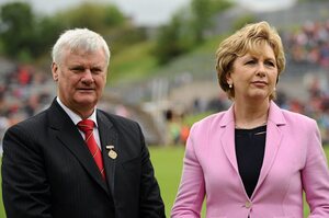 17 July 2011; President Mary McAleese with Aogan Farrell, President of the Ulster Council. Ulster GAA Football Senior Championship Final, Derry v Donegal, St Tiernach's Park, Clones, Co. Monaghan. Picture credit: Brendan Moran / SPORTSFILE - read more