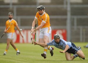 20 August 2011; Tony McCloskey, Antrim, in action against Danny Sutcliffe, Dublin. Bord Gais Energy GAA Hurling Under 21 All-Ireland Championship Semi-Final, Antrim v Dublin, Pairc Esler, Newry, Co. Down. Picture credit: Oliver McVeigh / SPORTSFILE - read more