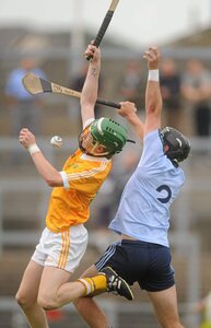 20 August 2011; Dessie McLean, Antrim, in action against Bill O'Carroll, Dublin. Bord Gais Energy GAA Hurling Under 21 All-Ireland Championship Semi-Final, Antrim v Dublin, Pairc Esler, Newry, Co. Down. Picture credit: Oliver McVeigh / SPORTSFILE - read more