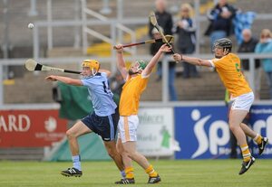 20 August 2011; Eamon Dillon, Dublin, in action against Chris Loughran and Michael Armstrong, Antrim. Bord Gais Energy GAA Hurling Under 21 All-Ireland Championship Semi-Final, Antrim v Dublin, Pairc Esler, Newry, Co. Down. Picture credit: Oliver McVeigh / SPORTSFILE - read more