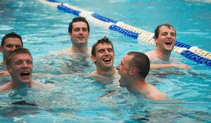 30 October 2011; Members of the Ireland  International Rules Series 2011 team, including Colm Beglay, centre, Michael Murphy, Kieran Donaghy, Tommy Walsh, Eamonn Callaghan and Kevin McKernan, swim during a visit to St Kilda Sea baths, St Kilda, Melbourne Bay, Australia. Picture credit: Ray McManus / SPORTSFILE - read more