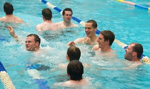 30 October 2011; Members of the Ireland International Rules Series 2011 team, including Neil Mcgee, Brendan Murphy, Aidan Walsh and Ciaran Mckeever, enjoy a swim during a visit to St Kilda Sea baths, St Kilda, Melbourne Bay, Australia. Picture credit: Ray McManus / SPORTSFILE - read more
