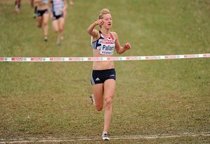 11 December 2011; Emma Pallant, Great Britain, celebrates winning the U23 Women's event at the 18th SPAR European Cross Country Championships 2011. Velenje, Slovenia. Picture credit: Stephen McCarthy / SPORTSFILE - read more