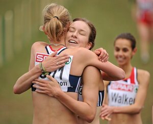 11 December 2011; Emma Pallant, Great Britain, celebrates with team-mate  Stephanie Twell, right, after winning the U23 Women's event at the 18th SPAR European Cross Country Championships 2011. Velenje, Slovenia. Picture credit: Stephen McCarthy / SPORTSFILE - read more