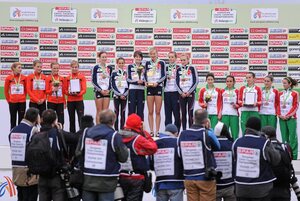 11 December 2011; The victorious Great Britain team, second place Germany team and third place Portugal teams pose for photographers following the U23 Women's event at the 18th SPAR European Cross Country Championships 2011. Velenje, Slovenia. Picture credit: Stephen McCarthy / SPORTSFILE - read more