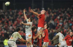 14 January 2012; Paul O'Connell, Munster, contests a lineout with Yannick Caballero, Castres Olympique. Heineken Cup, Pool 1, Round 5, Munster v Castres Olympique, Thomond Park, Limerick. Picture credit: Matt Browne / SPORTSFILE - read more
