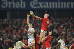 14 January 2012; Paul O'Connell, Munster, wins possession for his side in a lineout ahead of Yannick Caballero, Castres Olympique. Heineken Cup, Pool 1, Round 5, Munster v Castres Olympique, Thomond Park, Limerick. Picture credit: Matt Browne / SPORTSFILE - read more