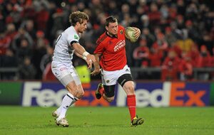 14 January 2012; Denis Hurley, Munster, is tackled by Pierre Roussel, Castres Olympique. Heineken Cup, Pool 1, Round 5, Munster v Castres Olympique, Thomond Park, Limerick. Picture credit: Diarmuid Greene / SPORTSFILE - read more