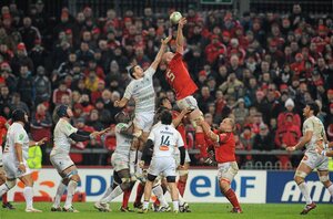 14 January 2012; Paul O'Connell, Munster, contests a line-out with Yannick Caballero, Castres Olympique. Heineken Cup, Pool 1, Round 5, Munster v Castres Olympique, Thomond Park, Limerick. Picture credit: Diarmuid Greene / SPORTSFILE - read more