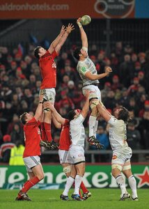14 January 2012; Matthias Rolland, Castres Olympique, wins possession for his side in the line-out ahead of Donnacha Ryan, Munster. Heineken Cup, Pool 1, Round 5, Munster v Castres Olympique, Thomond Park, Limerick. Picture credit: Diarmuid Greene / SPORTSFILE - read more