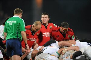 14 January 2012; Munster hooker Damien Varley, centre, with props BJ Botha, left, Wian du Preez, right, and referee Andrew Small during the game against Castres Olympique. Heineken Cup, Pool 1, Round 5, Munster v Castres Olympique, Thomond Park, Limerick. Picture credit: Matt Browne / SPORTSFILE - read more