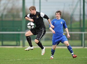 28 February 2012; Nick Foster, IT Carlow 'C', in action against Andy Hickey, Drogheda Institute of FE. Umbro CUFL Division Two Final, Drogheda Institute of FE v IT Carlow 'C', Greenogue, Peamount United FC, Peamount, Dublin. Picture credit: Barry Cregg / SPORTSFILE - read more