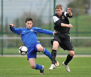 28 February 2012; James Boland, Drogheda Institute of FE, in action against Nick Foster, IT Carlow 'C'. Umbro CUFL Division Two Final, Drogheda Institute of FE v IT Carlow 'C', Greenogue, Peamount United FC, Peamount, Dublin. Picture credit: Barry Cregg / SPORTSFILE - read more