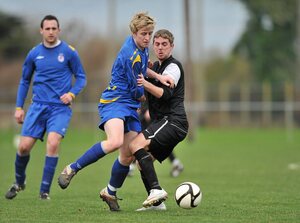 28 February 2012; Cormac Renaghan, Drogheda Institute of FE, in action against Nick Foster, IT Carlow 'C'. Umbro CUFL Division Two Final, Drogheda Institute of FE v IT Carlow 'C', Greenogue, Peamount United FC, Peamount, Dublin. Picture credit: Barry Cregg / SPORTSFILE - read more
