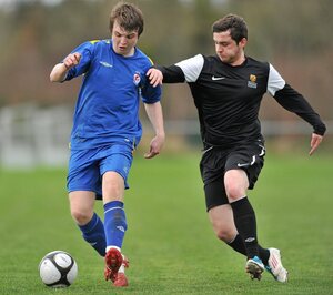 28 February 2012; Andy Hickey, Drogheda Institute of FE, in action against Nicky Cosgrave, IT Carlow 'C'. Umbro CUFL Division Two Final, Drogheda Institute of FE v IT Carlow 'C', Greenogue, Peamount United FC, Peamount, Dublin. Picture credit: Barry Cregg / SPORTSFILE - read more