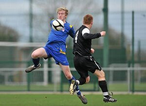 28 February 2012; Cormac Renaghan, Drogheda Institute of FE, in action against Gary Seery, IT Carlow 'C'. Umbro CUFL Division Two Final, Drogheda Institute of FE v IT Carlow 'C', Greenogue, Peamount United FC, Peamount, Dublin. Picture credit: Barry Cregg / SPORTSFILE - read more
