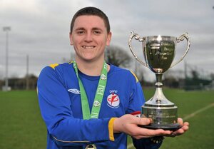28 February 2012; Drogheda Institute of FE captain Garreth Toal with the Division 2 cup. Umbro CUFL Division Two Final, Drogheda Institute of FE v IT Carlow 'C', Greenogue, Peamount United FC, Peamount, Dublin. Picture credit: Barry Cregg / SPORTSFILE - read more