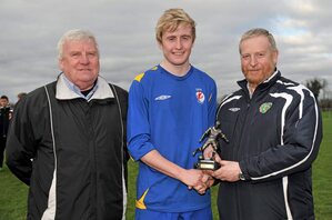 28 February 2012; Cormac Renaghan, IT Drogheda Institute of FE, is presented with the Man of the Match award by IUFU Chairman Terry McAuley, left, and CFAI Chairman Padraig Carney, right, after the game. Umbro CUFL Division Two Final, Drogheda Institute of FE v IT Carlow 'C', Greenogue, Peamount United FC, Peamount, Dublin. Picture credit: Barry Cregg / SPORTSFILE - read more