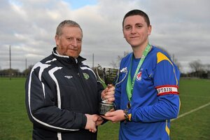 28 February 2012; IT Drogheda Institute of FE captain Garreth Toal is presented with the Division 2 cup by CFAI Chairman Padraig Carney after the game. Umbro CUFL Division Two Final, Drogheda Institute of FE v IT Carlow 'C', Greenogue, Peamount United FC, Peamount, Dublin. Picture credit: Barry Cregg / SPORTSFILE - read more