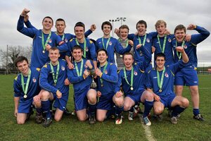 28 February 2012; The Drogheda Institute of FE team celebrate with the Division 2 cup. Umbro CUFL Division Two Final, Drogheda Institute of FE v IT Carlow 'C', Greenogue, Peamount United FC, Peamount, Dublin. Picture credit: Barry Cregg / SPORTSFILE - read more