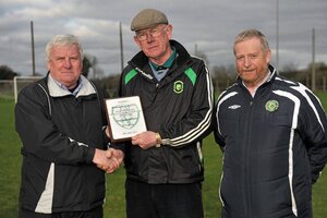 28 February 2012; Denis Cummins, Peamount Utd, receives a plaque from IUFU Chairman Terry McAuley, left, and CFAI Chairman Padraig Carney, right,for the use of their grounds for the game. Umbro CUFL Division Two Final, Drogheda Institute of FE v IT Carlow 'C', Greenogue, Peamount United FC, Peamount, Dublin. Picture credit: Barry Cregg / SPORTSFILE - read more