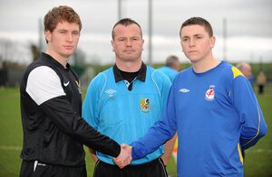 28 February 2012; Drogheda Institute of FE captain Robbie Farell, right, and IT Carlow 'C' captain Garreth Toal, shake hands in front of referee Eddie Reilly before the game. Umbro CUFL Division Two Final, Drogheda Institute of FE v IT Carlow 'C', Greenogue, Peamount United FC, Peamount, Dublin. Picture credit: Barry Cregg / SPORTSFILE - read more