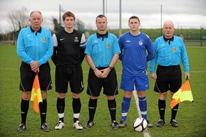 28 February 2012; IT Carlow 'C' captain Robbie Farrell, second left, and Drogheda Institute of FE captain Garreth Toal, second right, alongside referee Eddie Reilly, centre and linesmen Tommy Traynor, left, and Shay Travers, right. Umbro CUFL Division Two Final, Drogheda Institute of FE v IT Carlow 'C', Greenogue, Peamount United FC, Peamount, Dublin. Picture credit: Barry Cregg / SPORTSFILE - read more