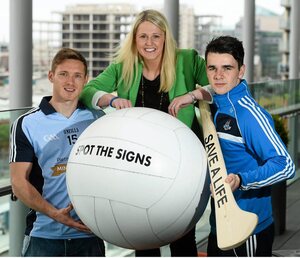 22 May 2013; Dublin footballer Paul Flynn, left, and hurler Danny Sutcliffe with RTE's Jacqui Hurley in attendance at the launch of the jersey initiative and Pieta House &lsquo;MIND OUR MEN&rsquo; campaign into Dublin GAA. The Gibson Hotel, Dublin. Picture credit: David Maher / SPORTSFILE - read more