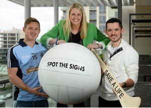 22 May 2013; Dublin footballer Paul Flynn, left, and David Mitchell, Pieta House, with RTE's Jacqui Hurley in attendance at the launch of the jersey initiative and Pieta House &lsquo;MIND OUR MEN&rsquo; campaign into Dublin GAA. The Gibson Hotel, Dublin. Picture credit: David Maher / SPORTSFILE - read more