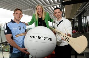 22 May 2013; Dublin footballer Paul Flynn, left, and David Mitchell, Pieta House, with RTE's Jacqui Hurley in attendance at the launch of the jersey initiative and Pieta House &lsquo;MIND OUR MEN&rsquo; campaign into Dublin GAA. The Gibson Hotel, Dublin. Picture credit: David Maher / SPORTSFILE - read more
