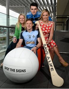 22 May 2013; Dublin footballer Paul Flynn and hurler Danny Sutcliffe with RTE's Jacqui Hurley, left, and Kathryn Thomas in attendance at the launch of the jersey initiative and Pieta House &lsquo;MIND OUR MEN&rsquo; campaign into Dublin GAA. The Gibson Hotel, Dublin. Picture credit: David Maher / SPORTSFILE - read more
