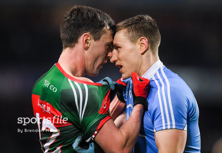 4 March 2017; Diarmuid O'Connor of Mayo and John Small of Dublin get close during the Allianz Football League Division 1 Round 4 match between Dublin and Mayo at Croke Park in Dublin. Photo by Brendan Moran/Sportsfile