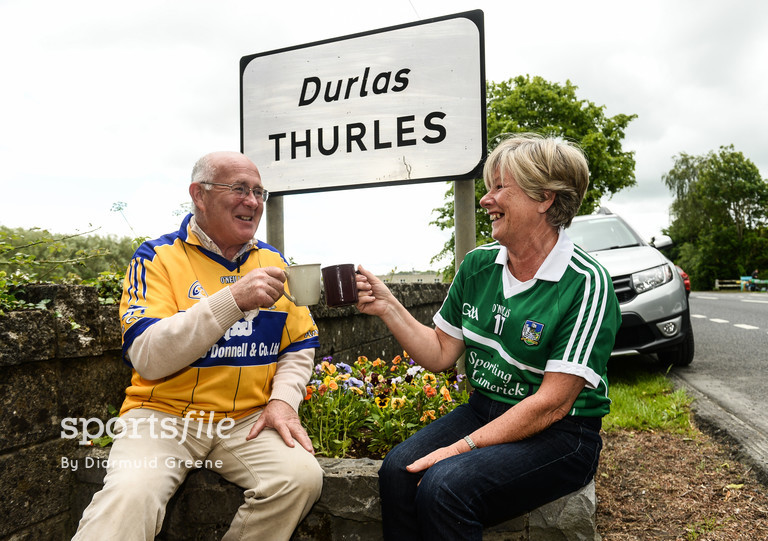 4 June 2017; Thomas O'Halloran, from Kilmaley, Co. Clare, left, and Bríd Moran, from Ballylanders, Co. Limerick, enjoy a cup of tea together on the outskirts of Thurles ahead of the Munster GAA Hurling Senior Championship Semi-Final between Limerick and Clare at Semple Stadium in Thurles, Co. Tipperary. Photo by Diarmuid Greene/Sportsfile