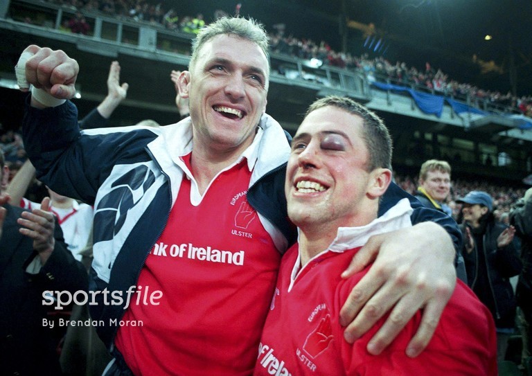 30 January 1999; Ulster's Jan Cunningham celebrates with one of the Ulster substitutes. Heineken European Cup Final, Ulster v Colomiers, Lansdowne Road, Dublin. Picture credit: Brendan Moran / SPORTSFILE