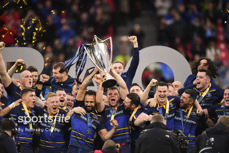 12 May 2018; Leinster players lift the cup after the European Rugby Champions Cup Final match between Leinster and Racing 92 at the San Mames Stadium in Bilbao, Spain. Photo by Ramsey Cardy/Sportsfile