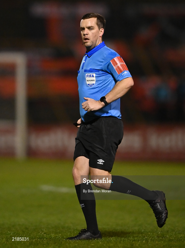 14 March 2022; Referee Rob Harvey during the SSE Airtricity League Premier Division match between Bohemians and Shelbourne at Dalymount Park in Dublin. Photo by Brendan Moran/Sportsfile