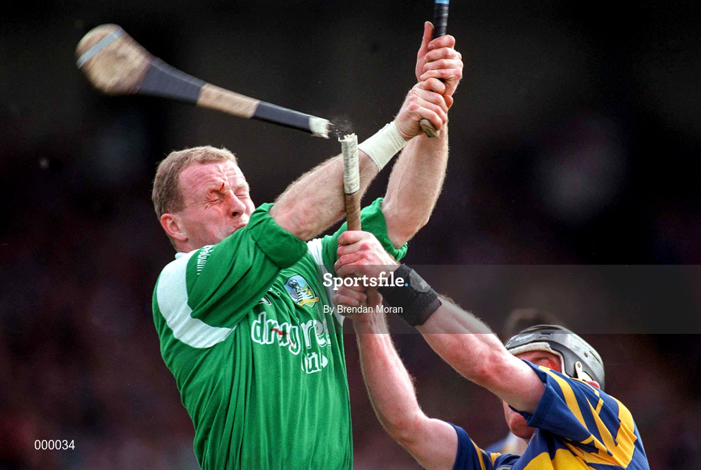 13 April 1997; Stephen McDonagh of Limerick in action against Aidan Flanagan of Tipperary during the National Hurling League Division 1 match between Limerick and Tipperary at  Gaelic Grounds in Limerick. Photo by Brendan Moran/Sportsfile
