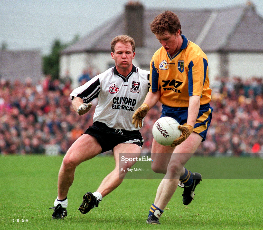 22 June 1997; Alan Nolanof Roscommon in action against Bernard Mulhearn of Sligo during the Connacht GAA Senior Football Championship Semi-Final match between Sligo and Roscommon at Markievicz Park in Sligo. Photo by Ray McManus/Sportsfile